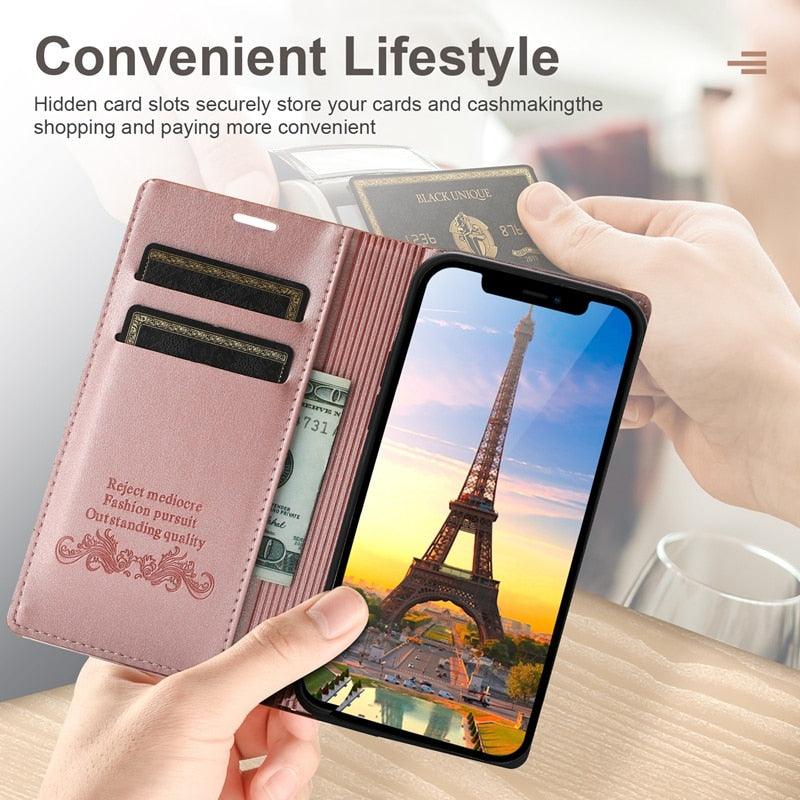 Étui portefeuille en cuir à rabat magnétique avec fentes pour cartes pour iPhone 14 13 12 11 Pro Max, élégant, rétro, avec rabat magnétique invisible, en cuir PU souple de qualité supérieure pour iPhone