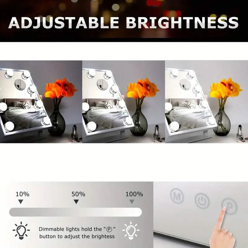 Miroir de maquillage avec 9 ampoules, luminosité réglable et commande tactile intelligente