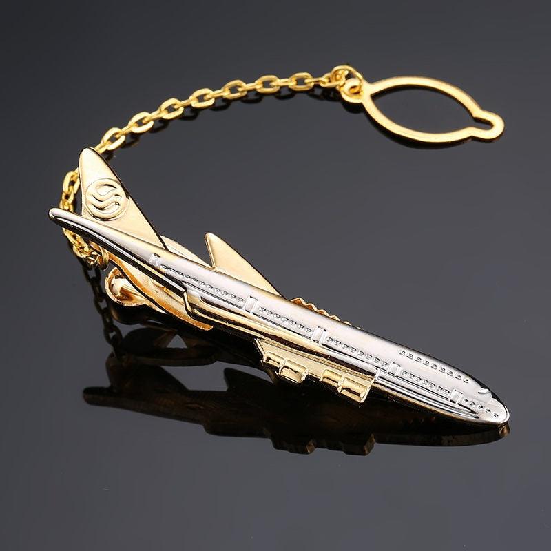 Pince à cravate pour homme plaqué or en forme d'avion, cadeau de mariage, pince à cravate élégante, cadeau de luxe de qualité pour pilote, pince à cravate légère.