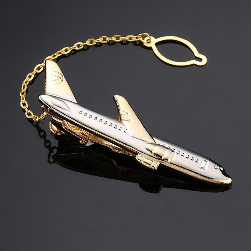 Pince à cravate pour homme plaqué or en forme d'avion, cadeau de mariage, pince à cravate élégante, cadeau de luxe de qualité pour pilote, pince à cravate légère.