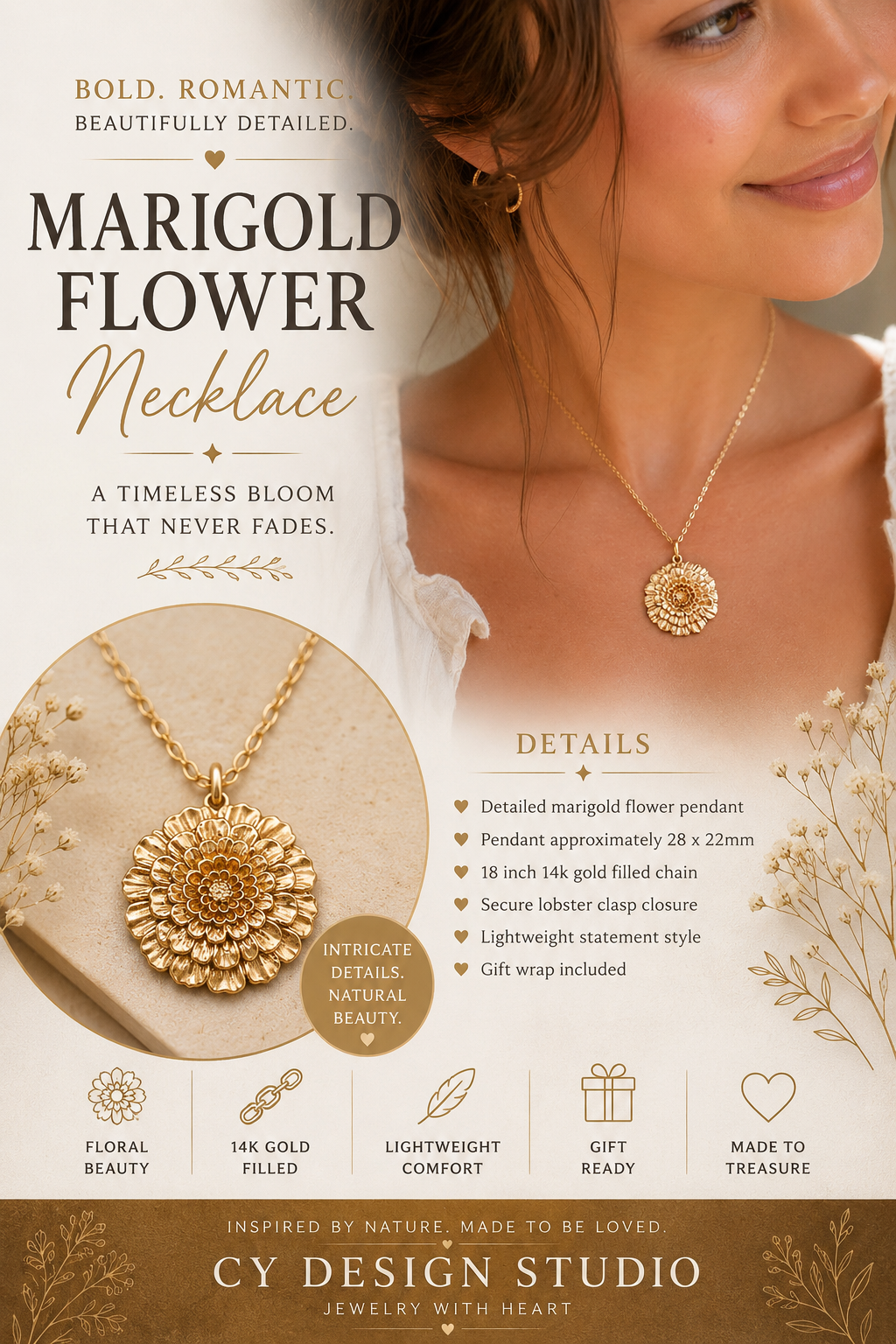 Collier fleur de souci doré