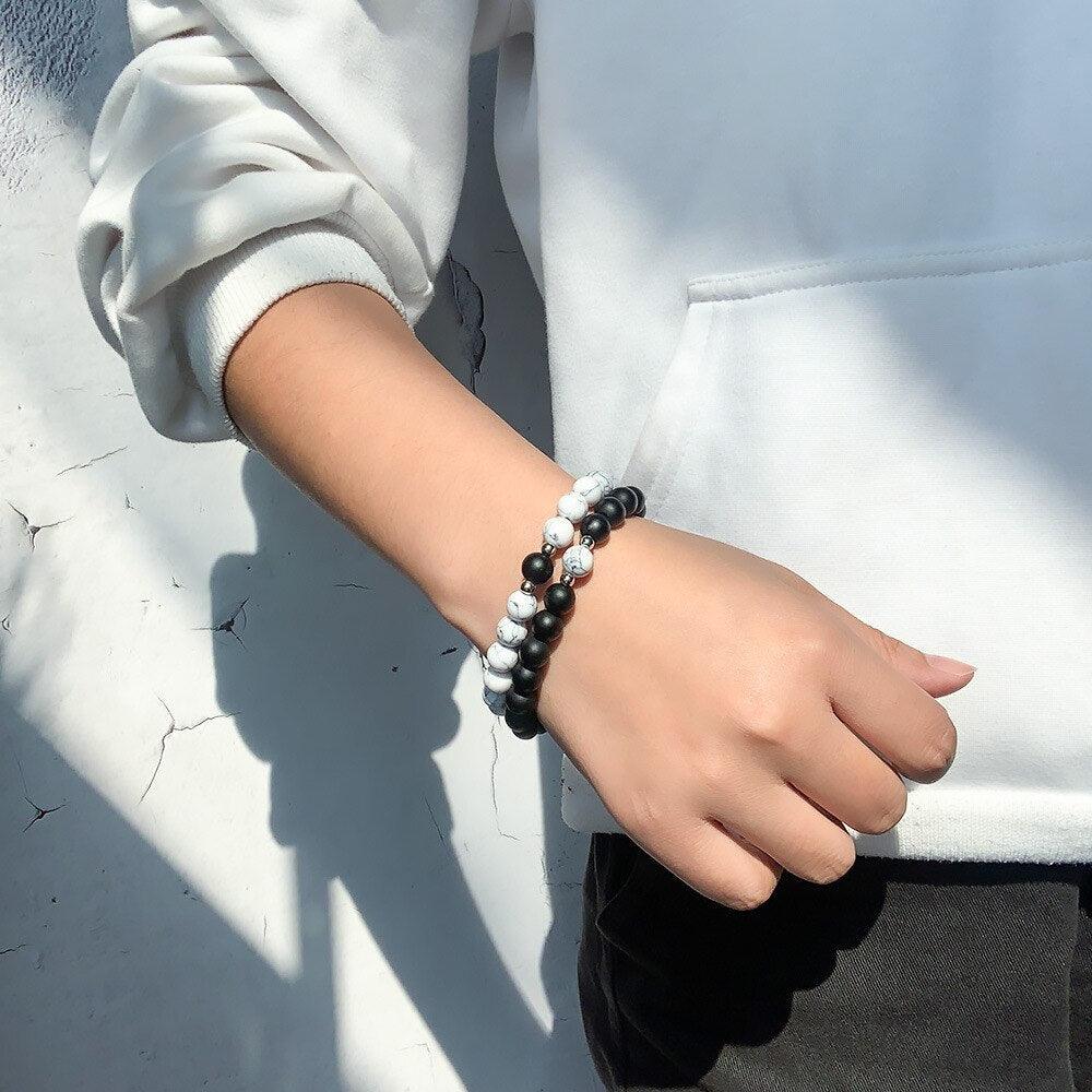Bracelets assortis pour couples en perles de pierre naturelle, aimant attractif, symbole poignets femmes hommes, bracelets connectés perlés assortis pour elle et lui, couple, Saint-Valentin, meilleur(e) ami(e).