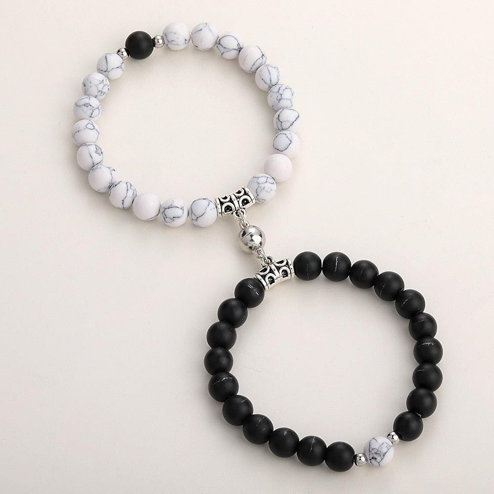Bracelets assortis pour couples en perles de pierre naturelle, aimant attractif, symbole poignets femmes hommes, bracelets connectés perlés assortis pour elle et lui, couple, Saint-Valentin, meilleur(e) ami(e).