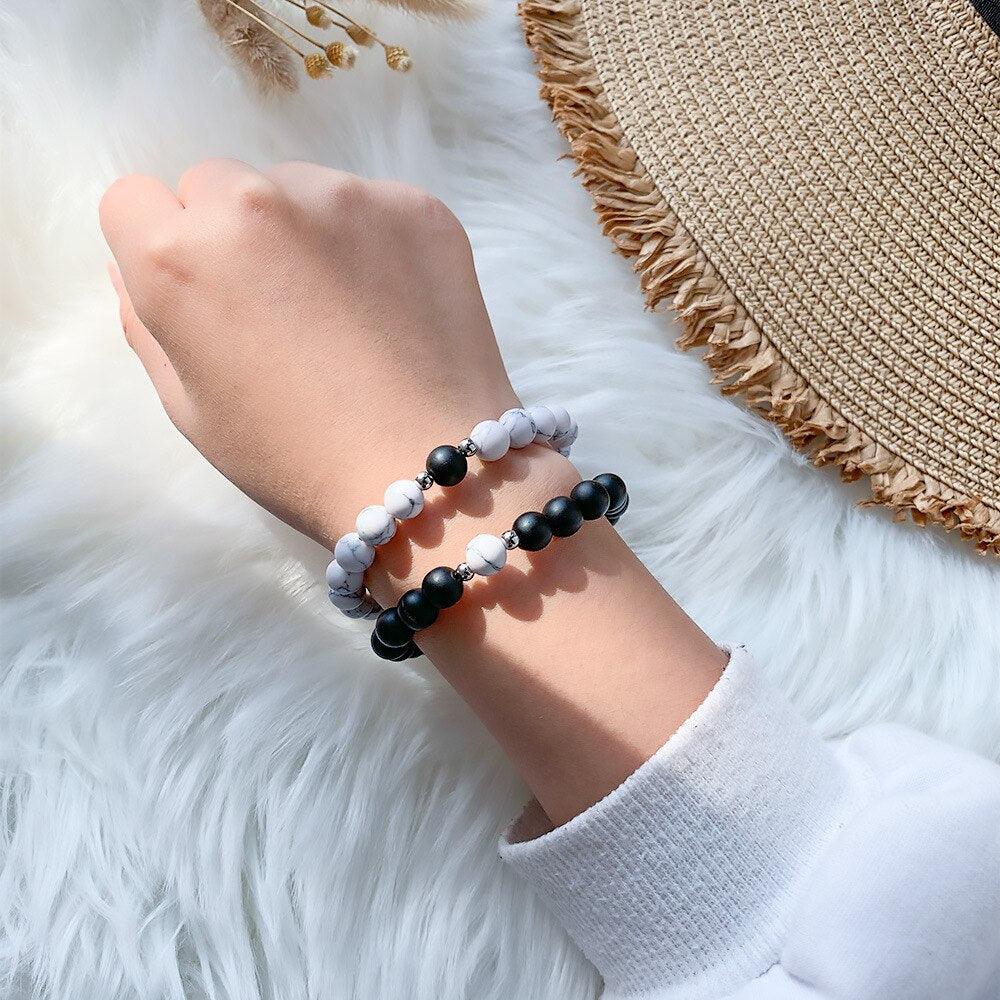 Bracelets assortis pour couples en perles de pierre naturelle, aimant attractif, symbole poignets femmes hommes, bracelets connectés perlés assortis pour elle et lui, couple, Saint-Valentin, meilleur(e) ami(e).
