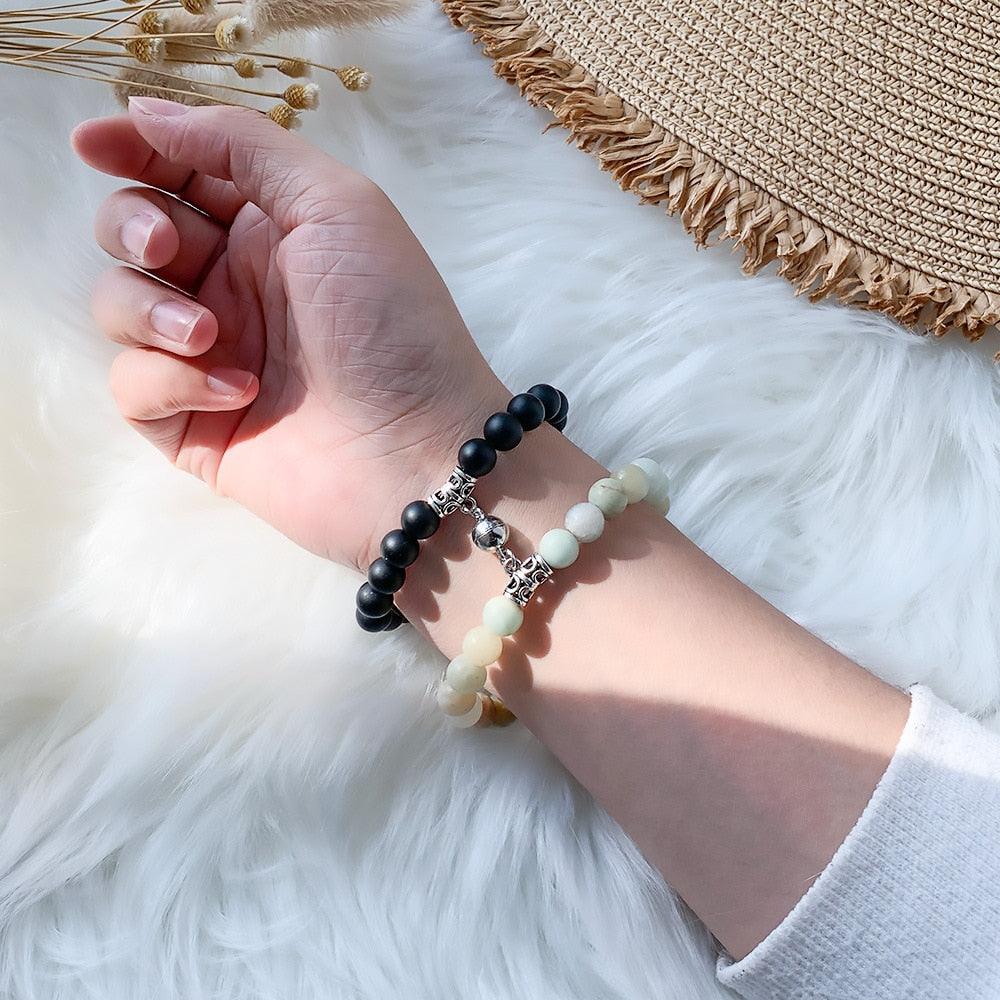 Bracelets assortis pour couples en perles de pierre naturelle, aimant attractif, symbole poignets femmes hommes, bracelets connectés perlés assortis pour elle et lui, couple, Saint-Valentin, meilleur(e) ami(e).