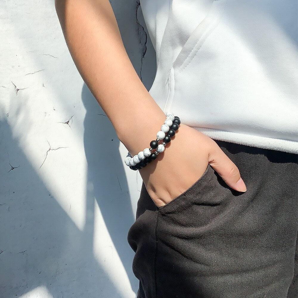 Bracelets assortis pour couples en perles de pierre naturelle, aimant attractif, symbole poignets femmes hommes, bracelets connectés perlés assortis pour elle et lui, couple, Saint-Valentin, meilleur(e) ami(e).