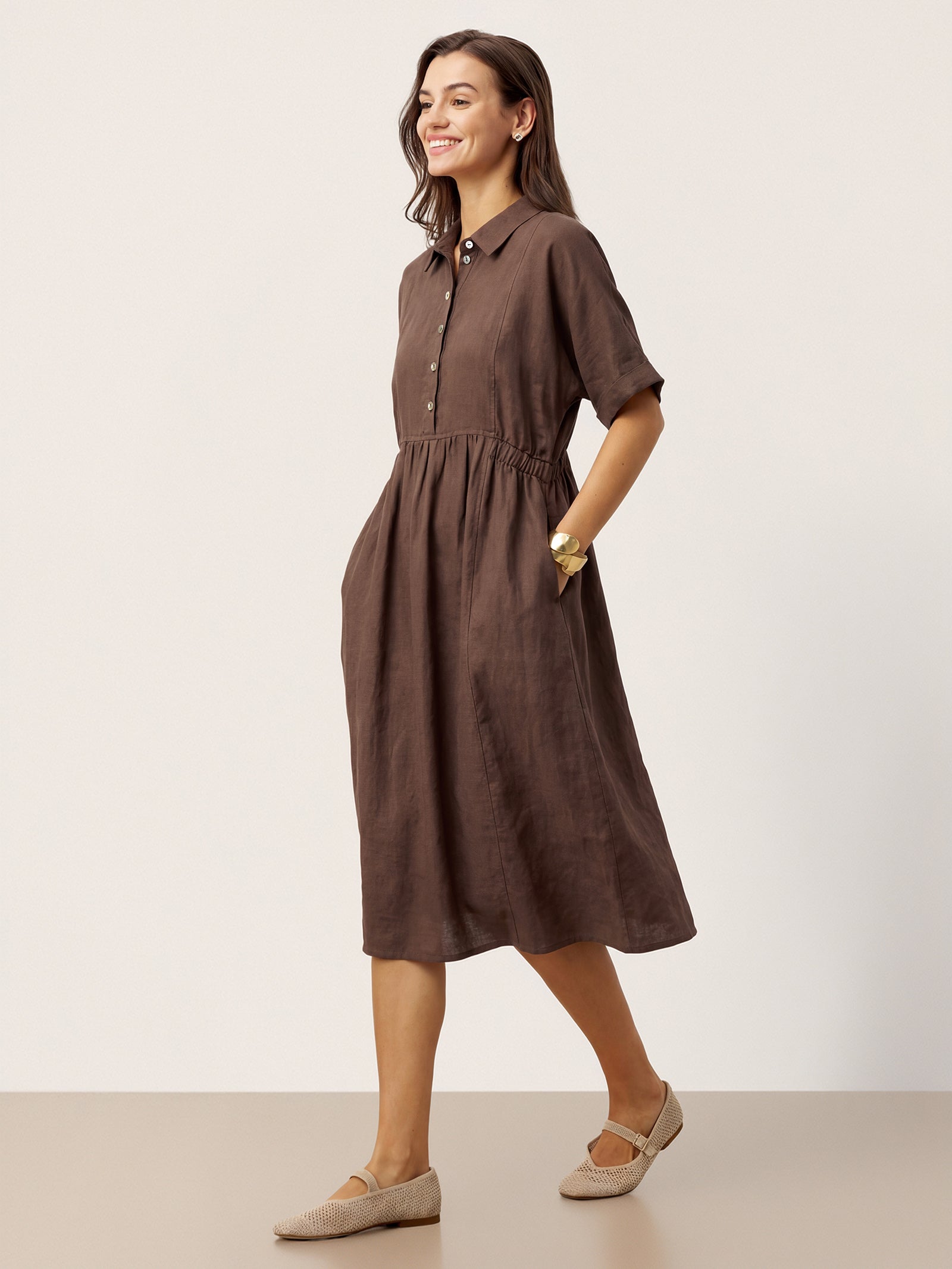 Robe chemise mi-longue rayée 100% lin à boutonnage devant et manches courtes CASSANDRA