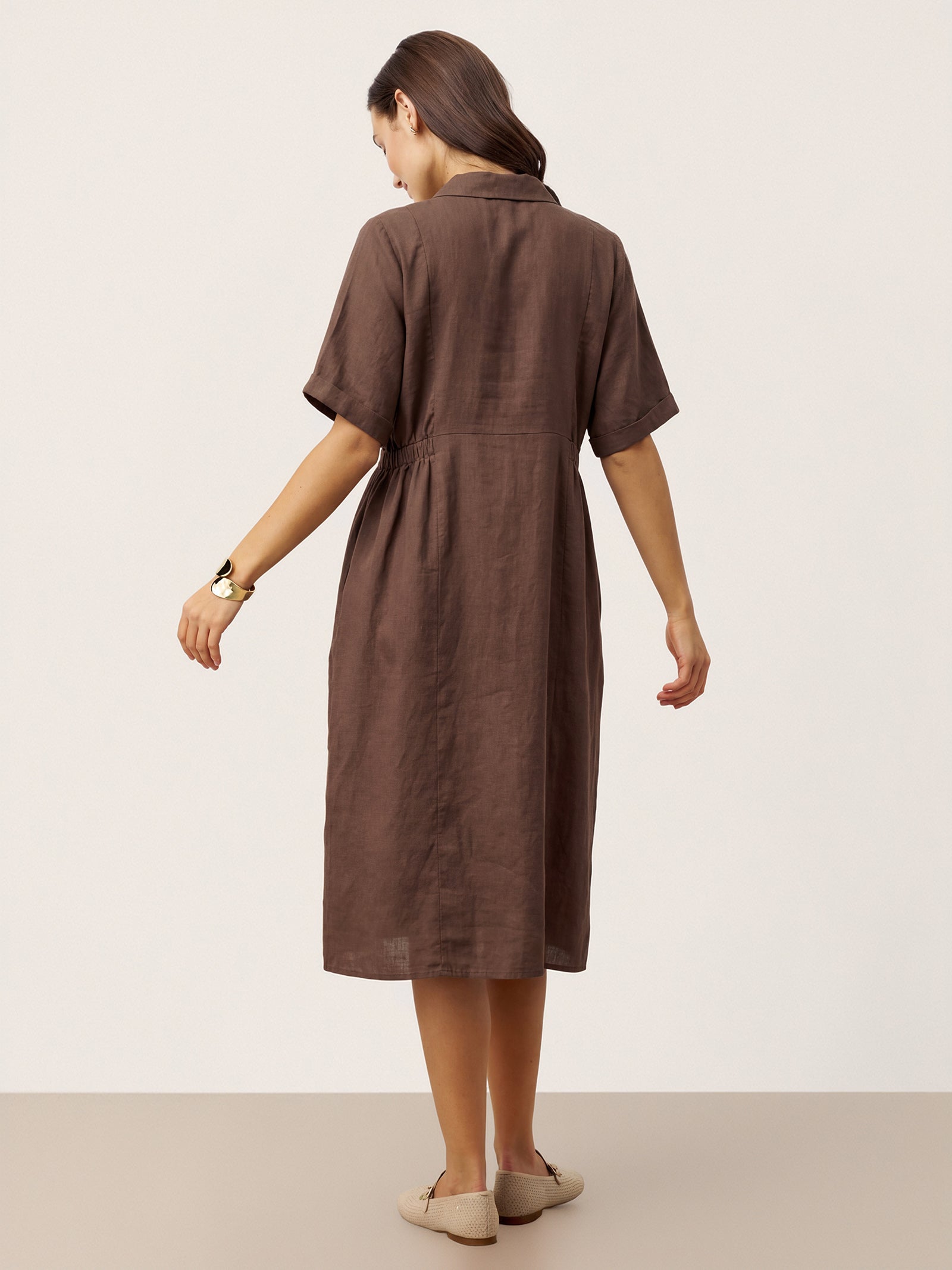 Robe chemise mi-longue rayée 100% lin à boutonnage devant et manches courtes CASSANDRA