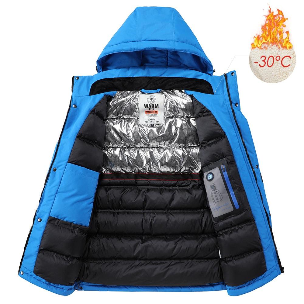 Blouson d'hiver bleu pour homme - Neuf, ski, neige, chaud, manteau - Nouveau design, élégant, respirant - Veste confortable, décontractée, à capuche, imperméable, polaire épaisse pour homme - Veste à capuche détachable