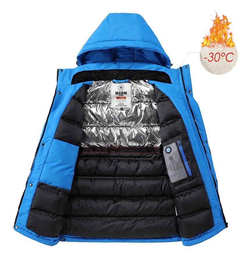 Blouson d'hiver bleu pour homme - Neuf, ski, neige, chaud, manteau - Nouveau design, élégant, respirant - Veste confortable, décontractée, à capuche, imperméable, polaire épaisse pour homme - Veste à capuche détachable