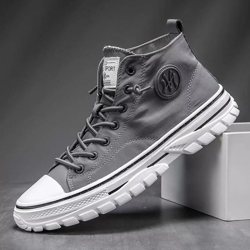 Chaussures en toile pour hommes Baskets vulcanisées montantes grises décontractées pour le skateboard Confortables d'extérieur Sport Marche Baskets mode montantes Chaussures décontractées Baskets de marche