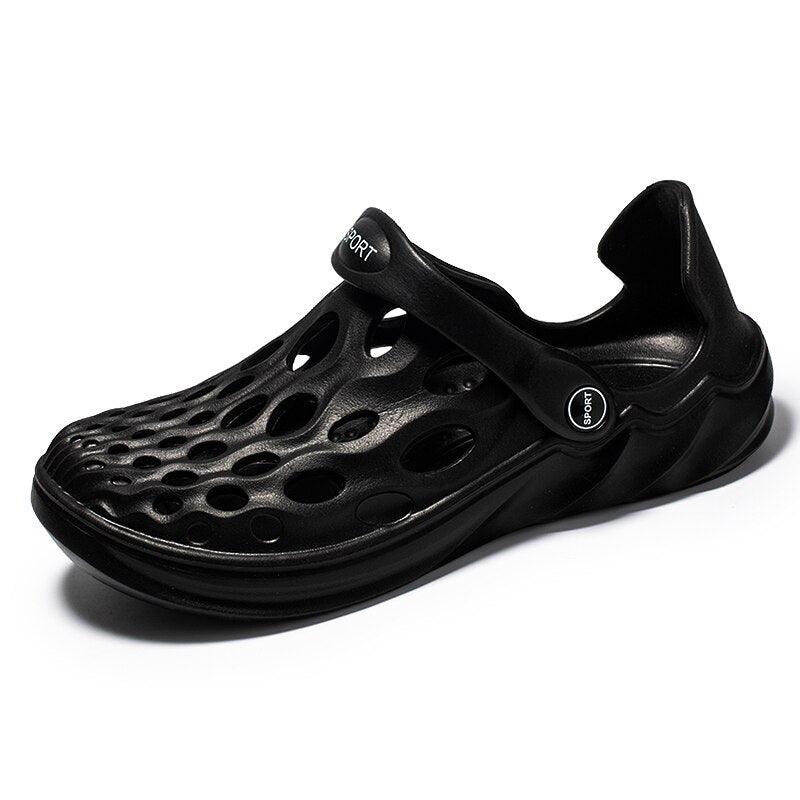 Sandales d'été pour hommes, chaussures de jardin en caoutchouc noir, sandales plates de plage, chaussons de plage, sandales d'eau de piscine avec support de voûte plantaire confortable, chaussons d'été légers.