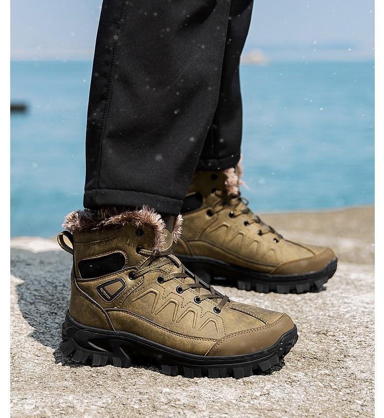 Bottes d'hiver pour hommes, imperméables en cuir, de haute qualité, pour l entraînement, antidérapantes, chaudes, imperméables, mi-mollet, pour la randonnée en extérieur, avec doublure entièrement fourrée.