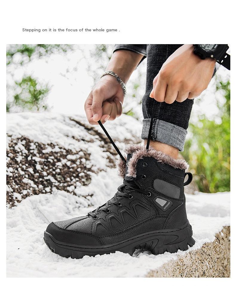 Bottes d'hiver pour hommes, imperméables en cuir, de haute qualité, pour l entraînement, antidérapantes, chaudes, imperméables, mi-mollet, pour la randonnée en extérieur, avec doublure entièrement fourrée.