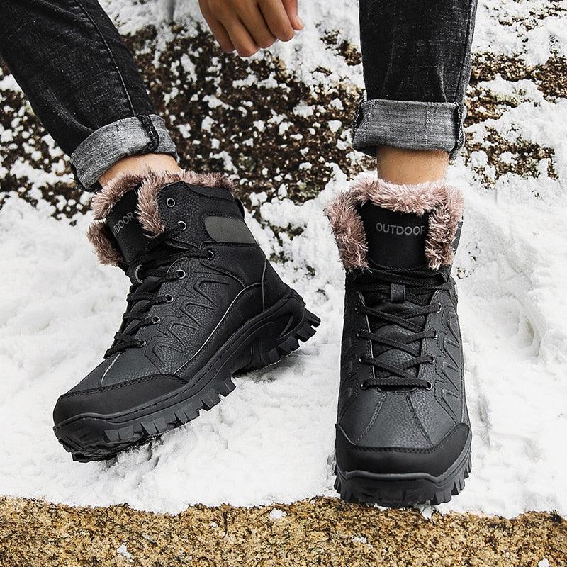 Bottes d'hiver pour hommes, imperméables en cuir, de haute qualité, pour l entraînement, antidérapantes, chaudes, imperméables, mi-mollet, pour la randonnée en extérieur, avec doublure entièrement fourrée.