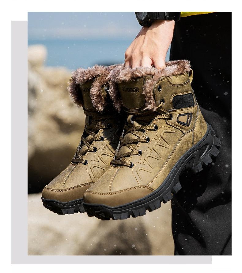 Bottes d'hiver pour hommes, imperméables en cuir, de haute qualité, pour l entraînement, antidérapantes, chaudes, imperméables, mi-mollet, pour la randonnée en extérieur, avec doublure entièrement fourrée.