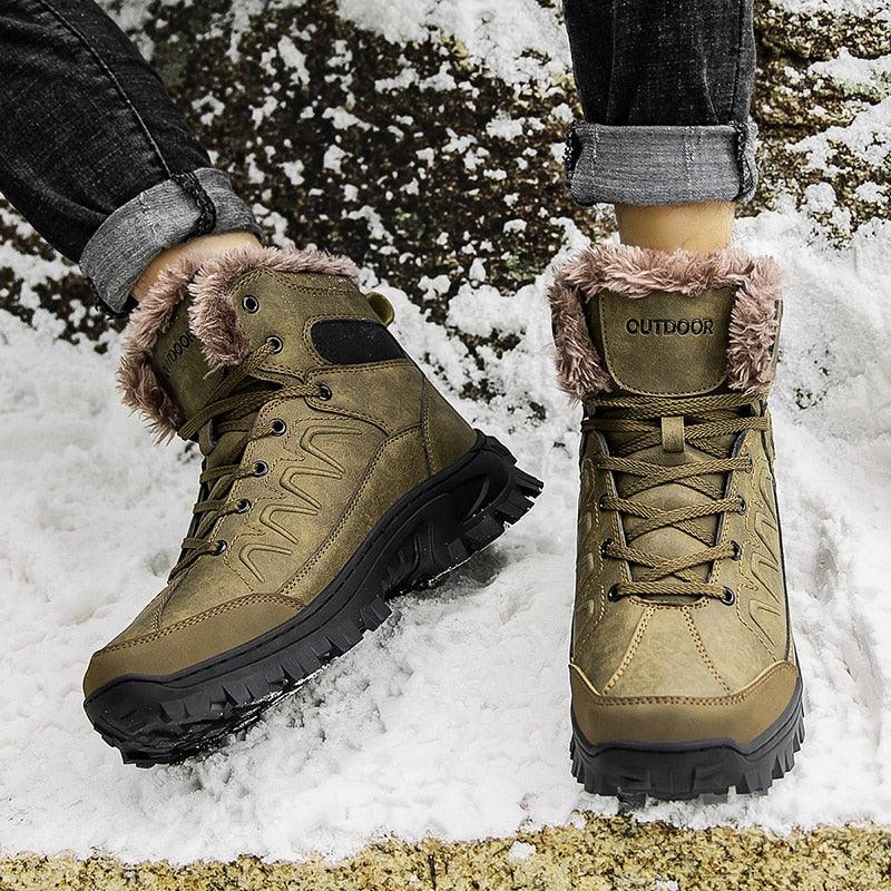 Bottes d'hiver pour hommes, imperméables en cuir, de haute qualité, pour l entraînement, antidérapantes, chaudes, imperméables, mi-mollet, pour la randonnée en extérieur, avec doublure entièrement fourrée.