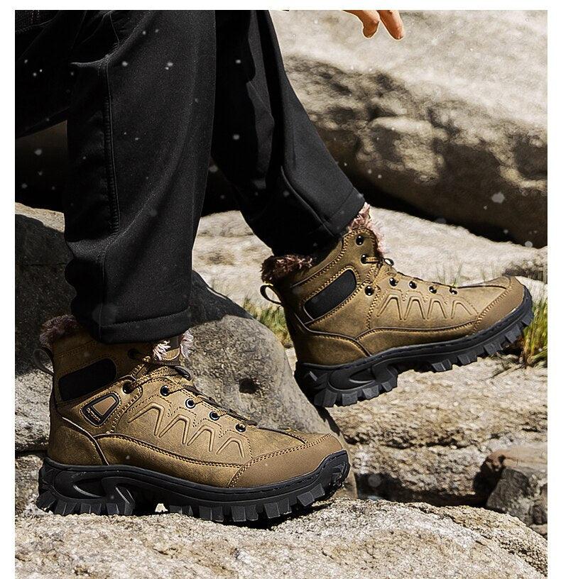 Bottes d'hiver pour hommes, imperméables en cuir, de haute qualité, pour l entraînement, antidérapantes, chaudes, imperméables, mi-mollet, pour la randonnée en extérieur, avec doublure entièrement fourrée.