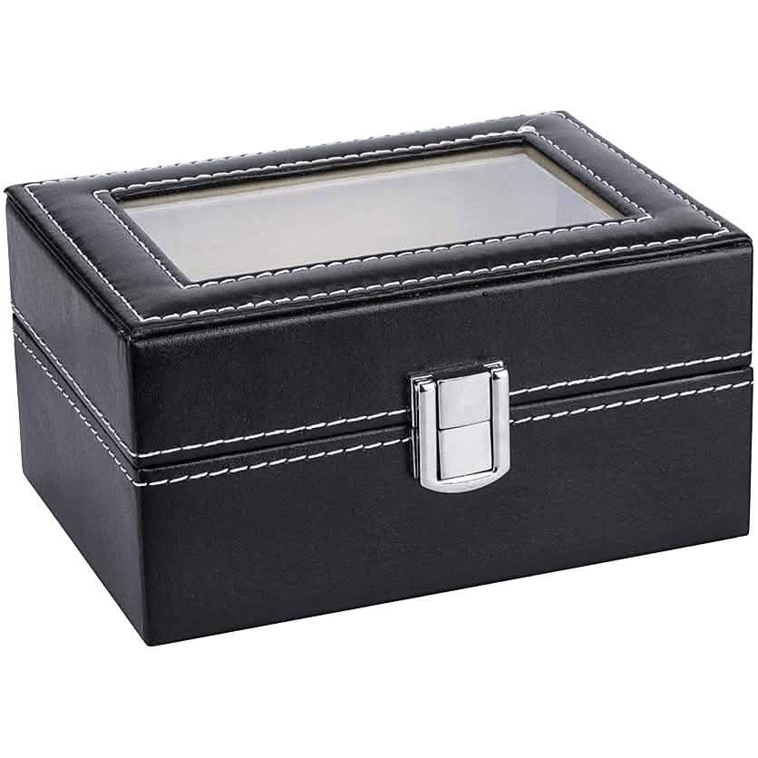 Organisateur de bijoux en cuir noir pour homme avec couvercle en verre