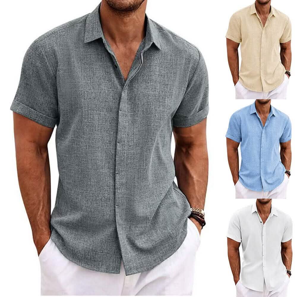 Chemise boutonnée à manches courtes et revers unis pour homme