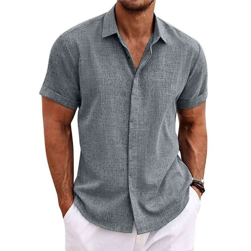 Chemise boutonnée à manches courtes et revers unis pour homme