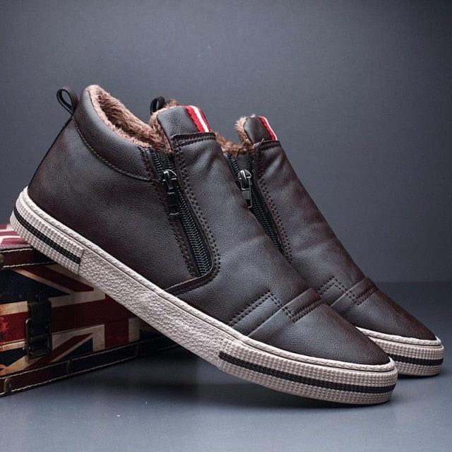 Bottes décontractées d'hiver chaudes pour homme, bottes de neige tendance, chaussures d'extérieur, baskets noires, chaussures de travail d'extérieur en cuir doublées chaudes antidérapantes pour homme