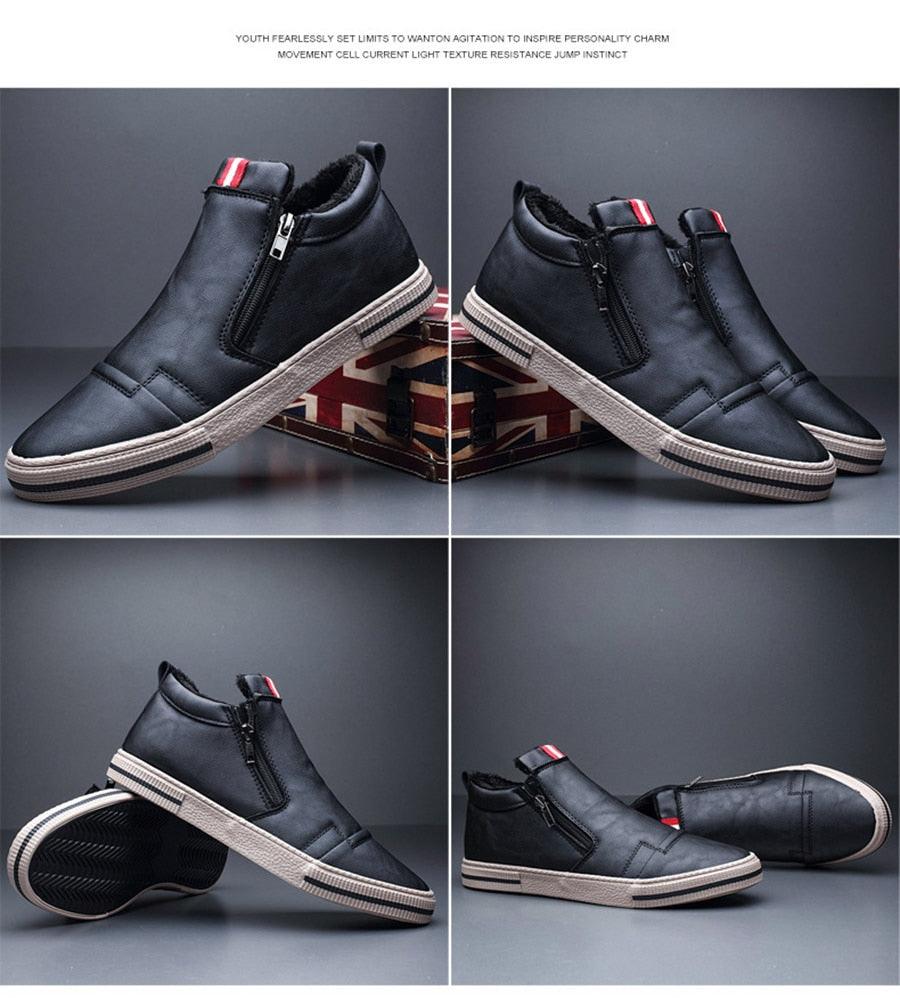 Bottes décontractées d'hiver chaudes pour homme, bottes de neige tendance, chaussures d'extérieur, baskets noires, chaussures de travail d'extérieur en cuir doublées chaudes antidérapantes pour homme