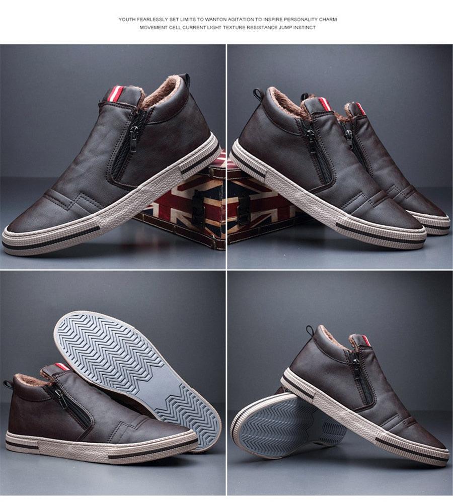 Bottes décontractées d'hiver chaudes pour homme, bottes de neige tendance, chaussures d'extérieur, baskets noires, chaussures de travail d'extérieur en cuir doublées chaudes antidérapantes pour homme