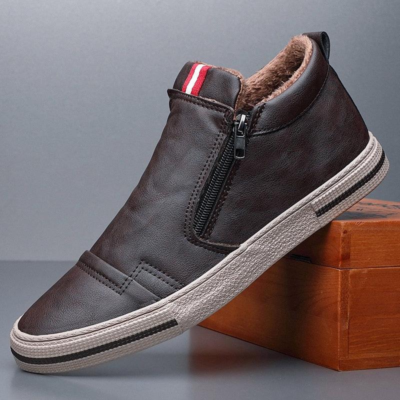 Bottes décontractées d'hiver chaudes pour homme, bottes de neige tendance, chaussures d'extérieur, baskets noires, chaussures de travail d'extérieur en cuir doublées chaudes antidérapantes pour homme