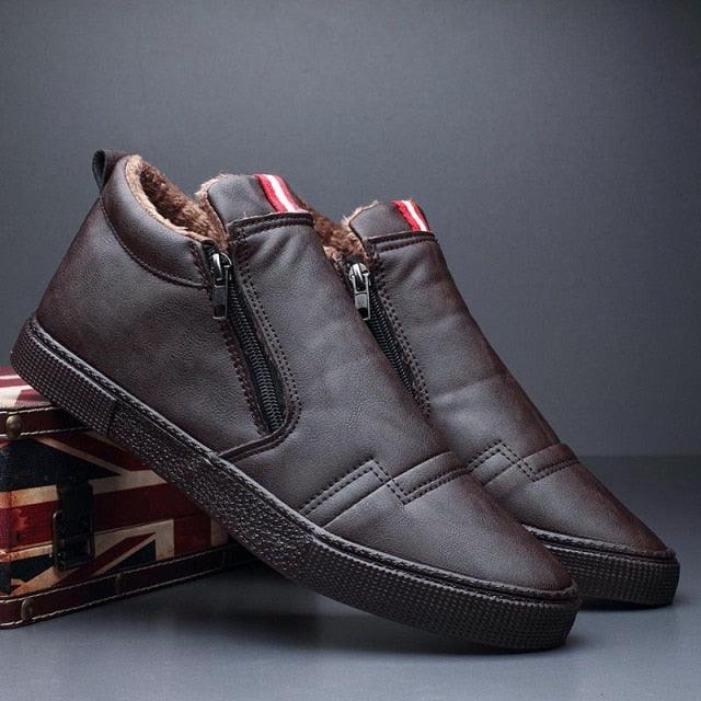 Bottes décontractées d'hiver chaudes pour homme, bottes de neige tendance, chaussures d'extérieur, baskets noires, chaussures de travail d'extérieur en cuir doublées chaudes antidérapantes pour homme