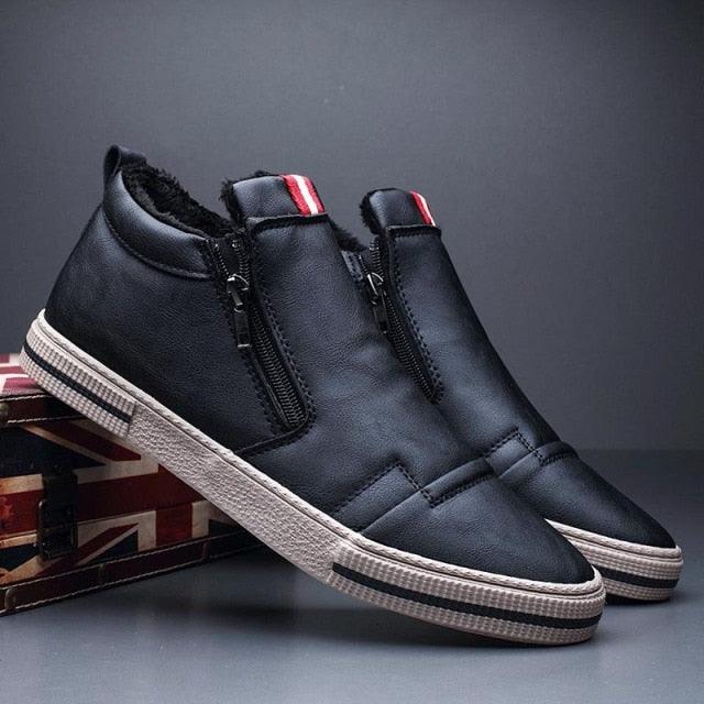 Bottes décontractées d'hiver chaudes pour homme, bottes de neige tendance, chaussures d'extérieur, baskets noires, chaussures de travail d'extérieur en cuir doublées chaudes antidérapantes pour homme