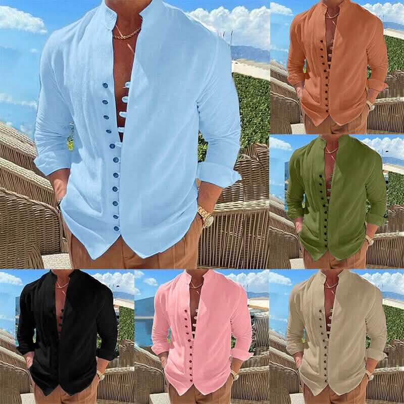 Chemise boutonnée en lin pour homme, manches longues, col officier uni