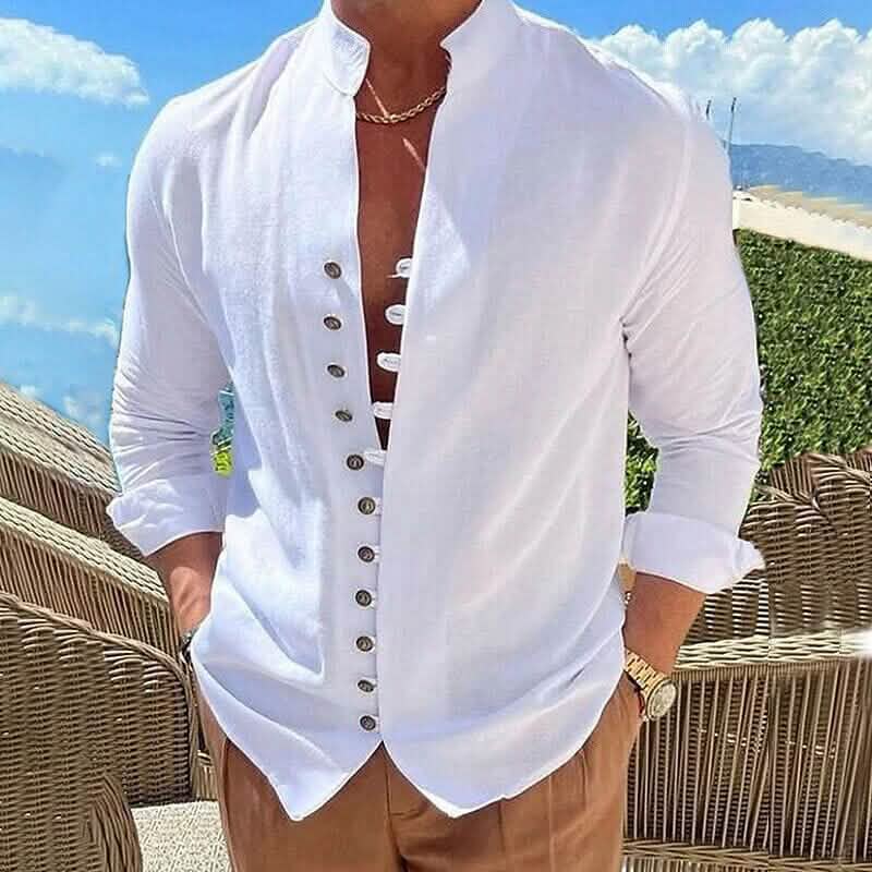 Chemise boutonnée en lin pour homme, manches longues, col officier uni