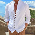 Chemise boutonnée en lin pour homme, manches longues, col officier uni