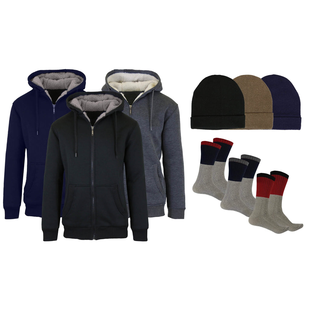 Coffret cadeau pour homme : sweat à capuche Sherpa, bonnet doublé polaire et chaussettes thermiques
