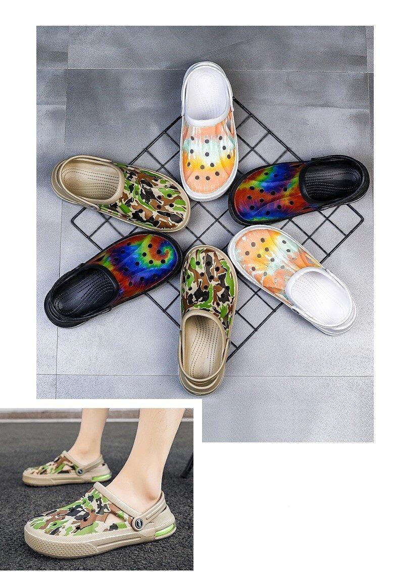 Sandales Homme Femme Chaussures à Trous Sabots en Caoutchouc Chaussures de Jardin pour Couple Imprimé Couleur Coussin d'Air Sandales de Plage Sabots de Jardin Unisexe Légers à Enfiler Sandales de Plage Homme Femme Chaussures Aquatiques