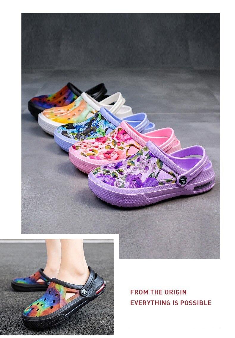 Sandales Homme Femme Chaussures à Trous Sabots en Caoutchouc Chaussures de Jardin pour Couple Imprimé Couleur Coussin d'Air Sandales de Plage Sabots de Jardin Unisexe Légers à Enfiler Sandales de Plage Homme Femme Chaussures Aquatiques