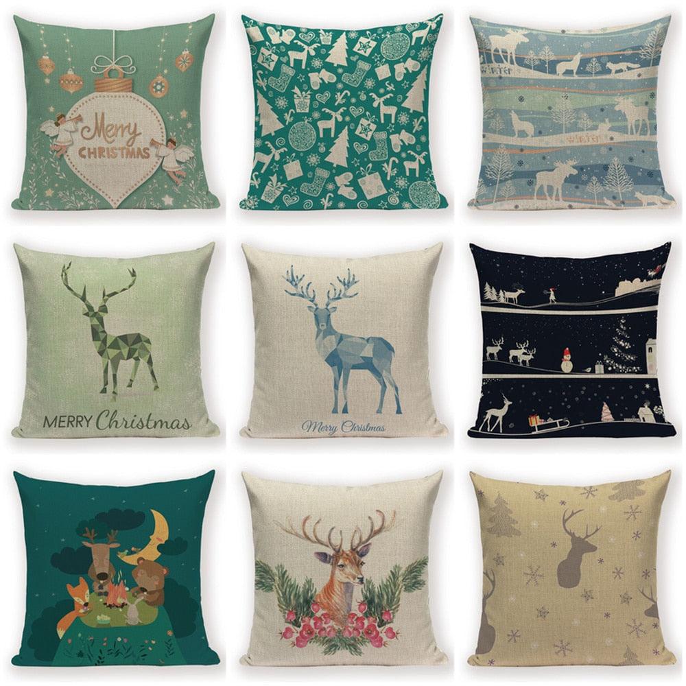 Joyeux Noël Arbre Mignon Cerf Joyeux Festival Nouvel An Décorations Housse de coussin de Noël Taies d'oreiller décoratives de Noël en coton lin Housse de coussin carrée pour canapé de maison lit