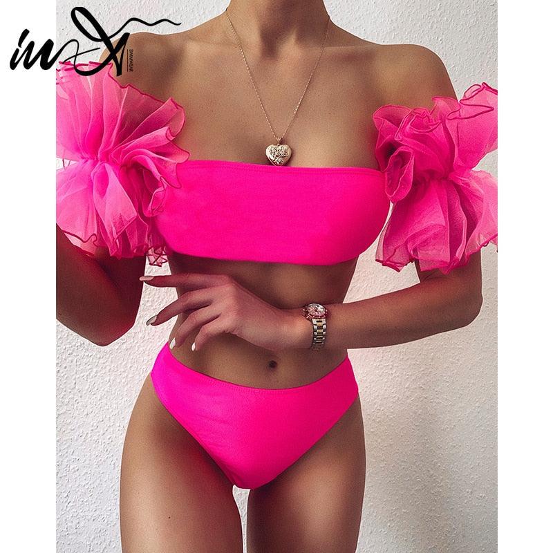 Maillot de bain en maille à volants pour femme, bikini sans bretelles, maillot de bain taille haute pour femme, ensemble bikini noir et rose, maillot de bain à volants jaune, maillot de bain deux pièces à volants