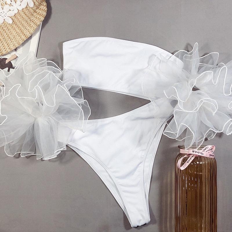 Maillot de bain en maille à volants pour femme, bikini sans bretelles, maillot de bain taille haute pour femme, ensemble bikini noir et rose, maillot de bain à volants jaune, maillot de bain deux pièces à volants