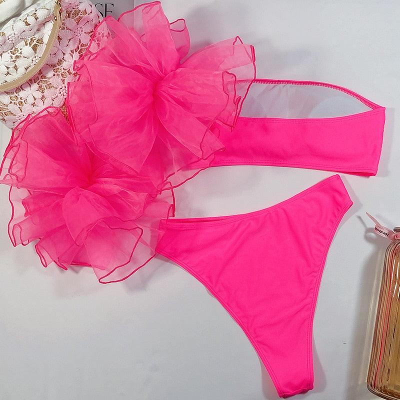 Maillot de bain en maille à volants pour femme, bikini sans bretelles, maillot de bain taille haute pour femme, ensemble bikini noir et rose, maillot de bain à volants jaune, maillot de bain deux pièces à volants