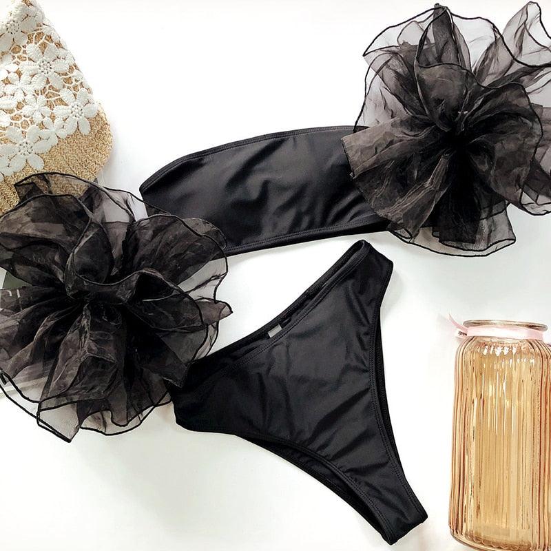 Maillot de bain en maille à volants pour femme, bikini sans bretelles, maillot de bain taille haute pour femme, ensemble bikini noir et rose, maillot de bain à volants jaune, maillot de bain deux pièces à volants