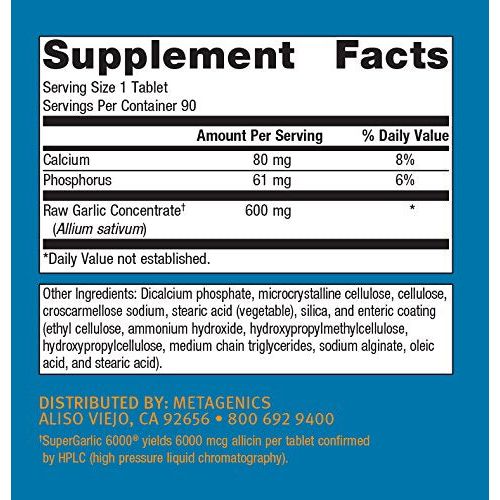 Metagenics SuperGarlic 6000, complément d'ail concentré, 6000 mcg d'allicine par comprimé pour aider à soutenir un taux de triglycérides sain - 90 comprimés