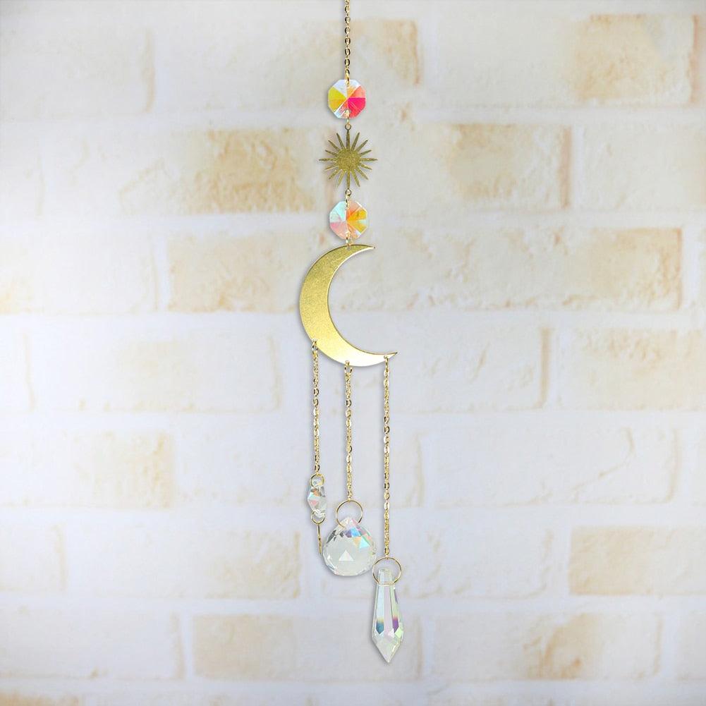 Carillon Éolien Métallique Cercle Lune Soleil Attrape-soleil Cristaux Ornement Énergie Chakra Prismes Boule de Cristal K9 Suspendus Chasseur d'Arc-en-ciel Rideaux de Fenêtre Pendentif Cadeaux Décoration Maison