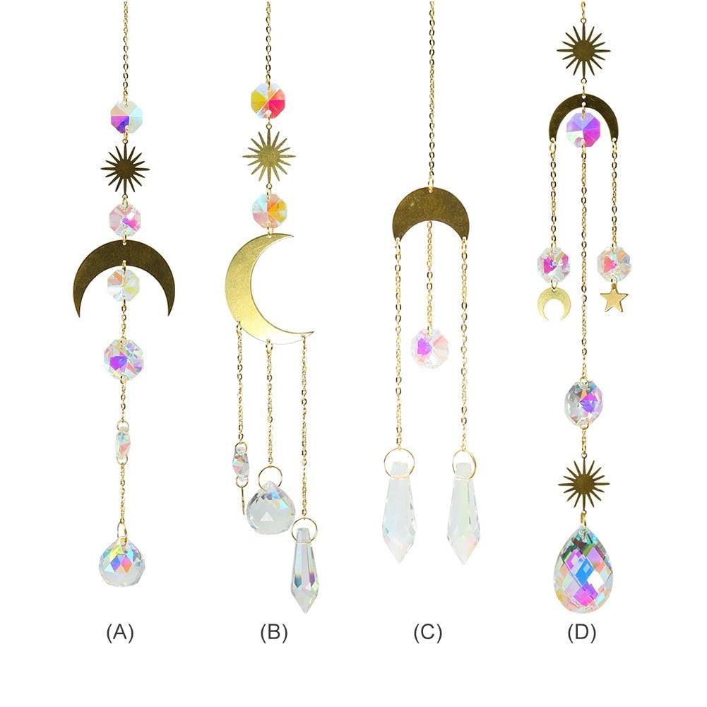 Carillon Éolien Métallique Cercle Lune Soleil Attrape-soleil Cristaux Ornement Énergie Chakra Prismes Boule de Cristal K9 Suspendus Chasseur d'Arc-en-ciel Rideaux de Fenêtre Pendentif Cadeaux Décoration Maison