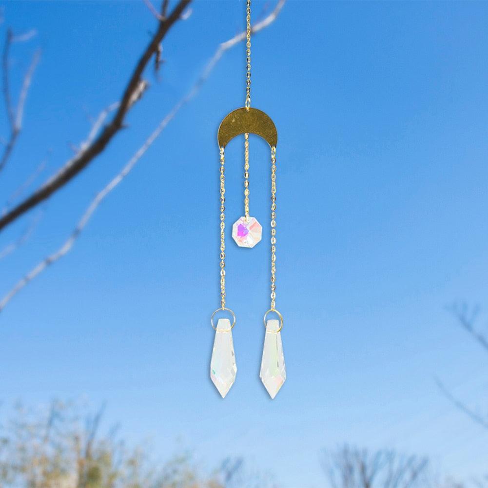 Carillon Éolien Métallique Cercle Lune Soleil Attrape-soleil Cristaux Ornement Énergie Chakra Prismes Boule de Cristal K9 Suspendus Chasseur d'Arc-en-ciel Rideaux de Fenêtre Pendentif Cadeaux Décoration Maison