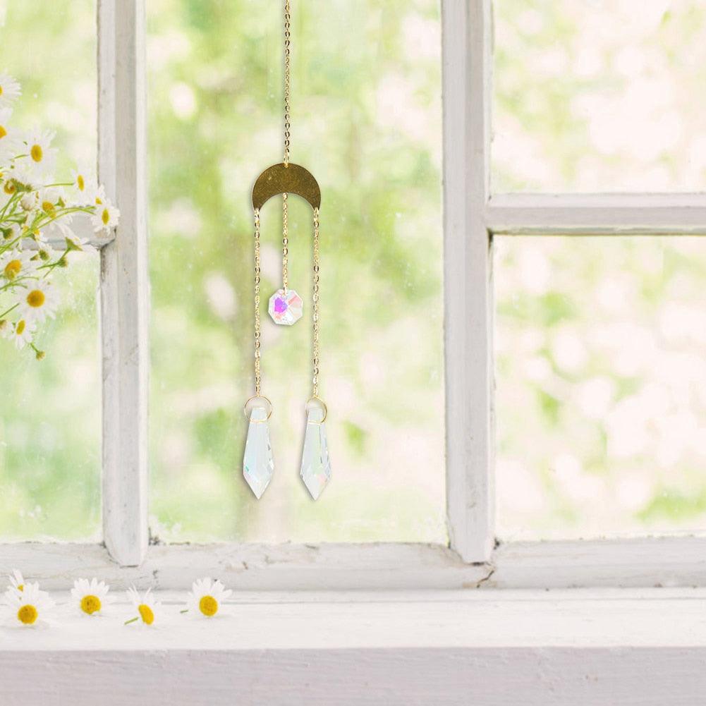 Carillon Éolien Métallique Cercle Lune Soleil Attrape-soleil Cristaux Ornement Énergie Chakra Prismes Boule de Cristal K9 Suspendus Chasseur d'Arc-en-ciel Rideaux de Fenêtre Pendentif Cadeaux Décoration Maison