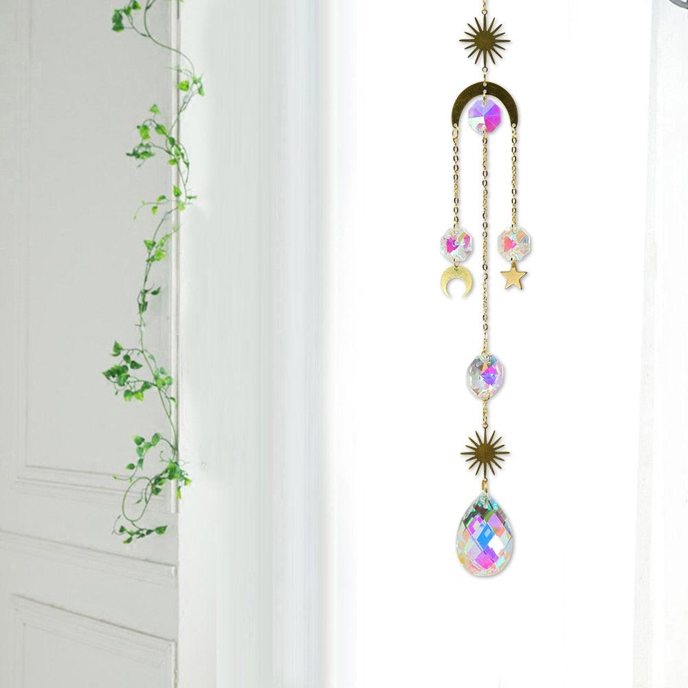 Carillon Éolien Métallique Cercle Lune Soleil Attrape-soleil Cristaux Ornement Énergie Chakra Prismes Boule de Cristal K9 Suspendus Chasseur d'Arc-en-ciel Rideaux de Fenêtre Pendentif Cadeaux Décoration Maison