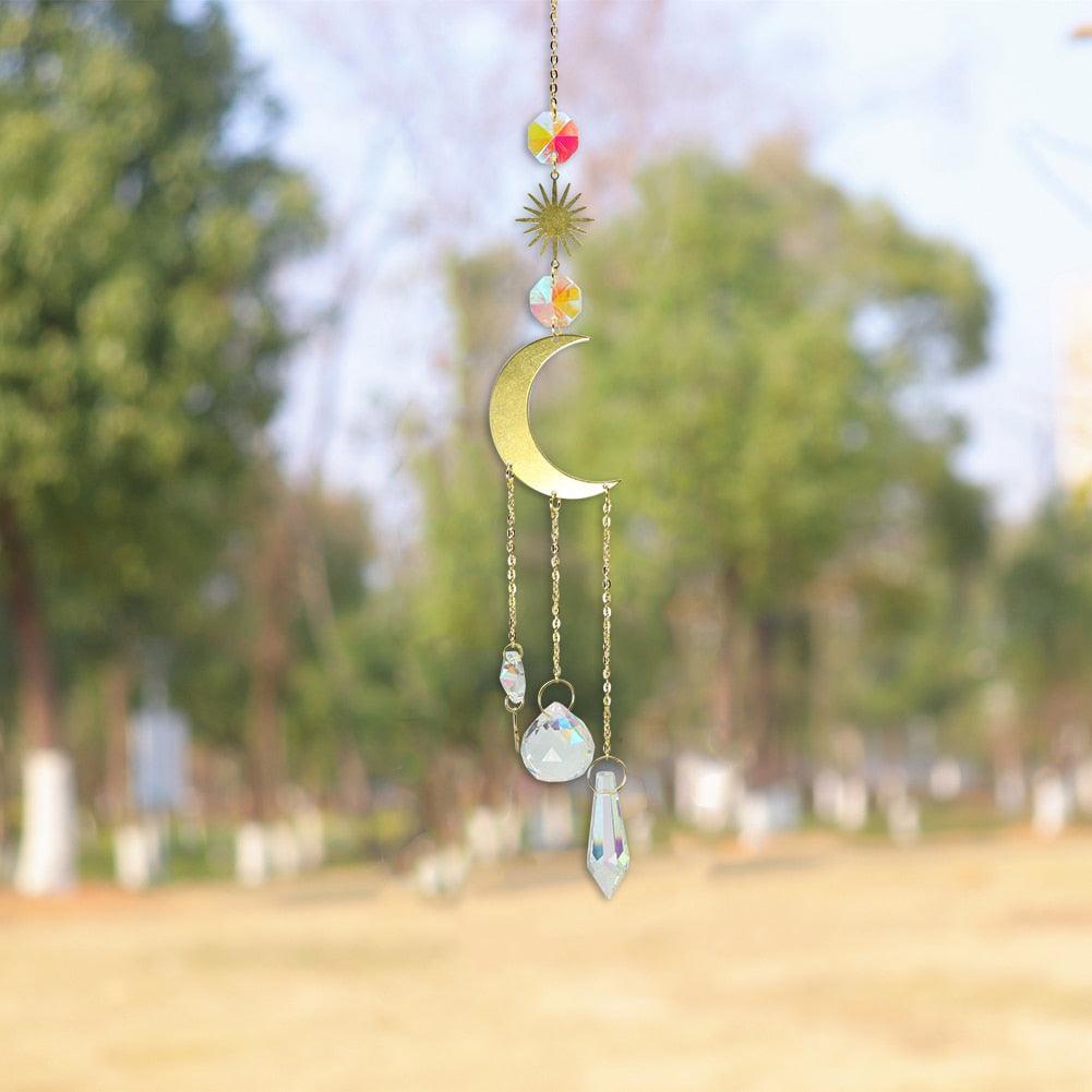 Carillon Éolien Métallique Cercle Lune Soleil Attrape-soleil Cristaux Ornement Énergie Chakra Prismes Boule de Cristal K9 Suspendus Chasseur d'Arc-en-ciel Rideaux de Fenêtre Pendentif Cadeaux Décoration Maison