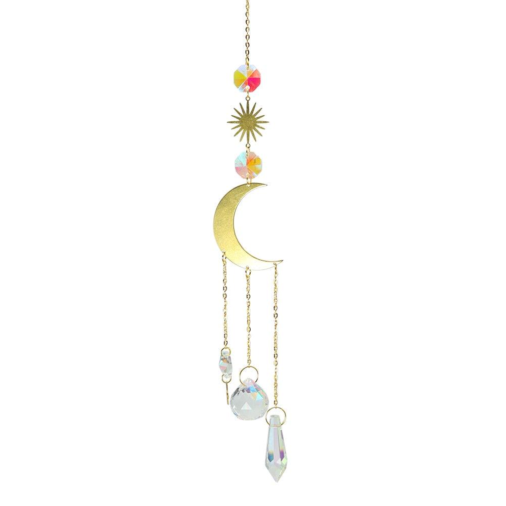 Carillon Éolien Métallique Cercle Lune Soleil Attrape-soleil Cristaux Ornement Énergie Chakra Prismes Boule de Cristal K9 Suspendus Chasseur d'Arc-en-ciel Rideaux de Fenêtre Pendentif Cadeaux Décoration Maison